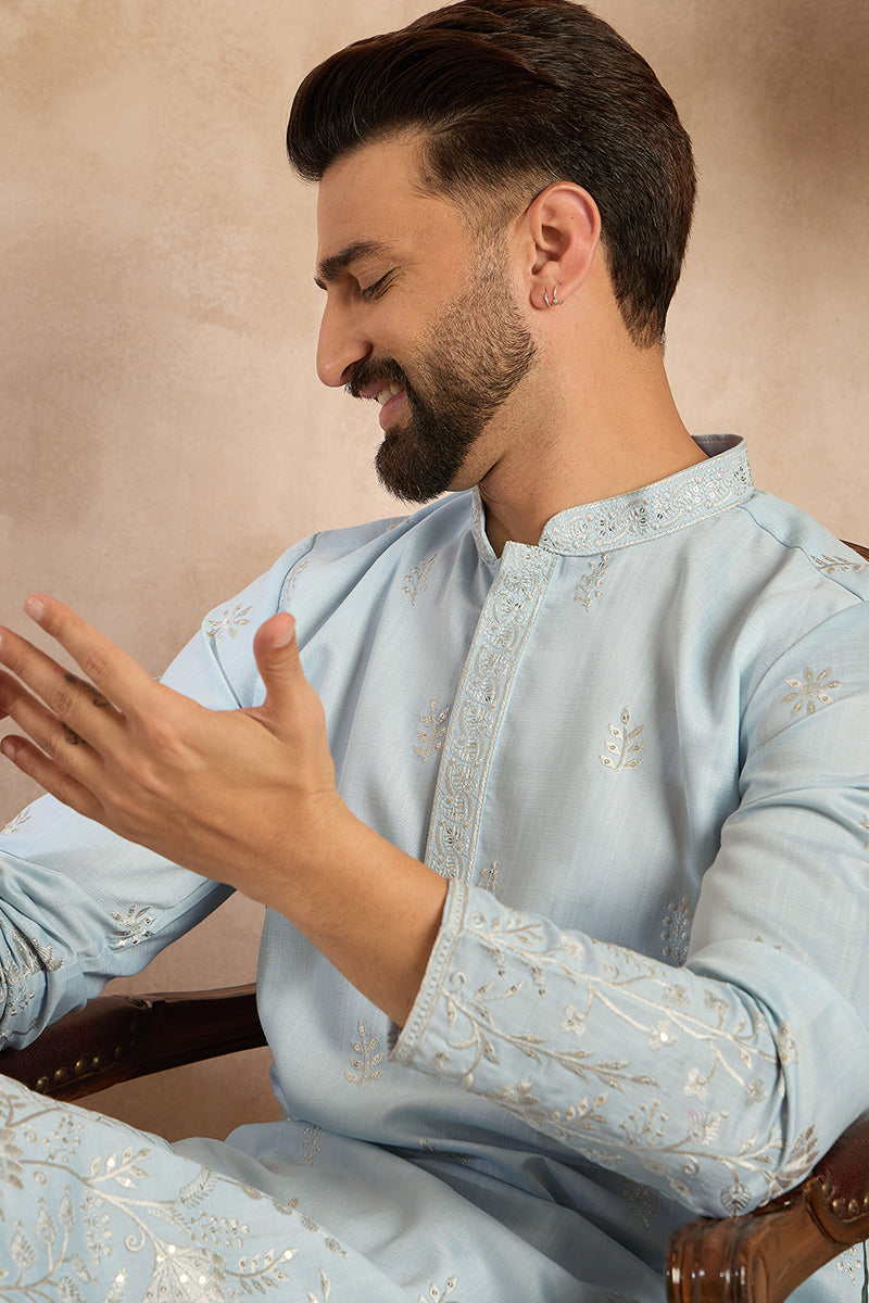 Blue Silk Blend Solid Embroidered Straight Kurta With Trouser MKSET1785