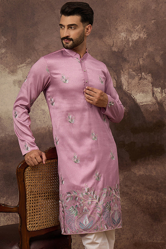 Pink Silk Blend Solid Embroidered Straight Kurta MKU1347