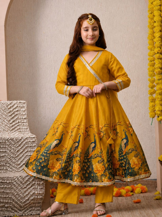 Indi Loom Couture Girls Mustard Yellow Printed Anarkali Kurta with Solid Pants & Dupatta Set ILKSD47