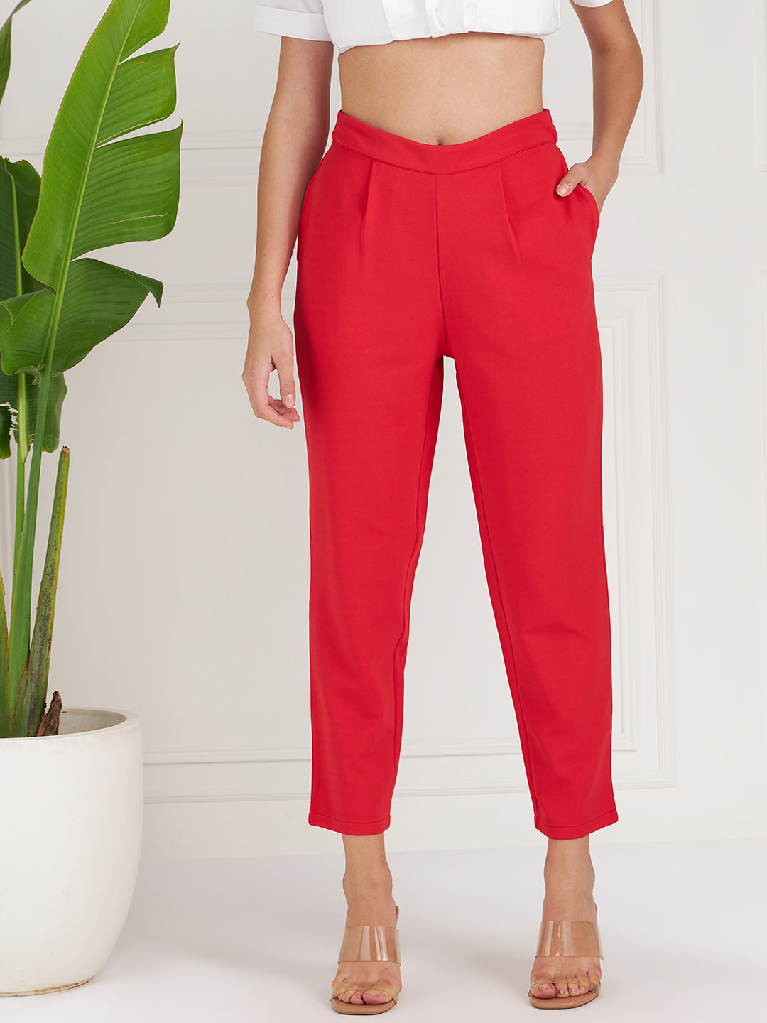 athena women red relaxed straight fit trousers