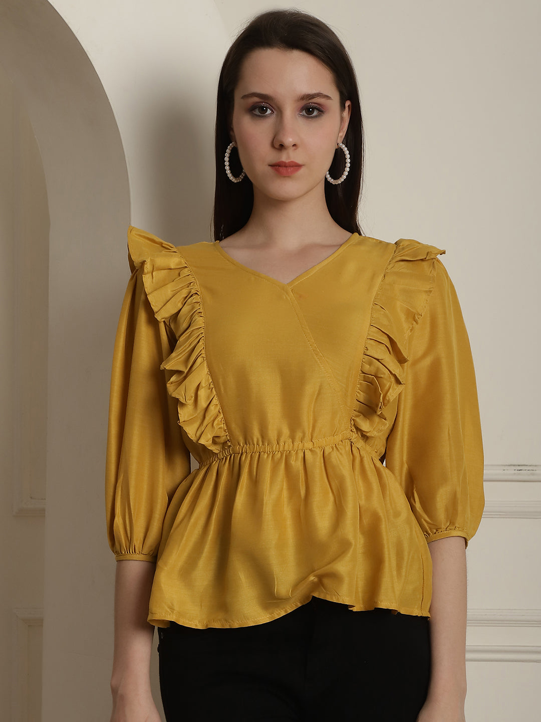Black Solid Womens Top With