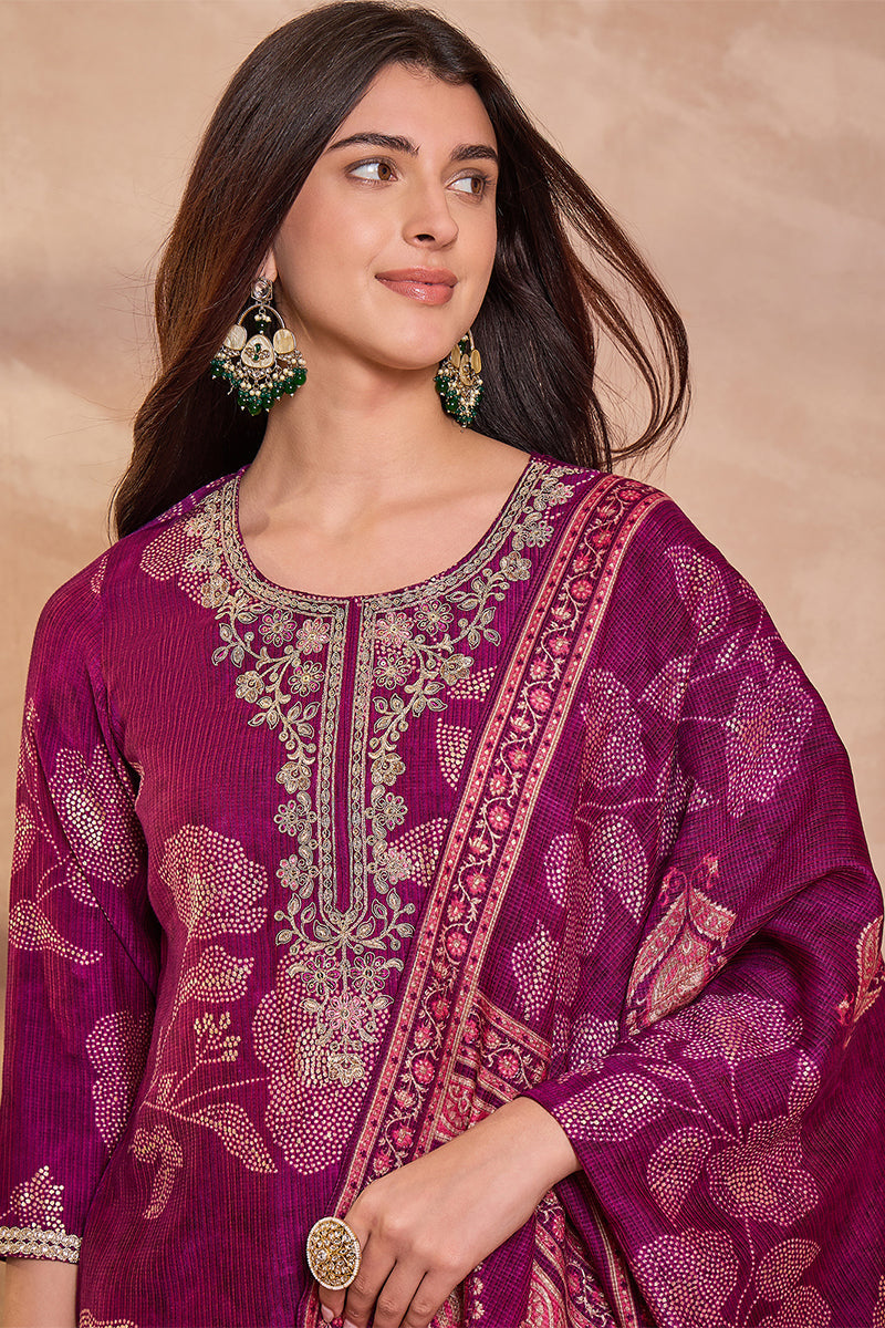 purple silk blend floral printed straight kurta trouser with dupatta