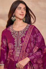 purple silk blend floral printed straight kurta trouser with dupatta