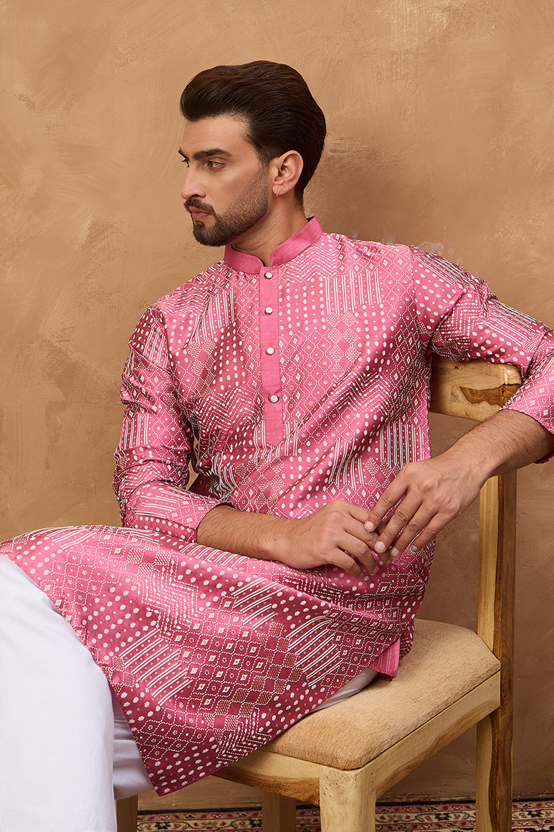 Pink Silk Blend Geometric Printed Straight Kurta MKU1526