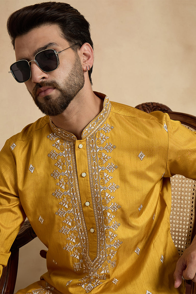 Mens Yellow Silk Blend Solid Embroidered Straight Kurta With Trouser MKSET2525