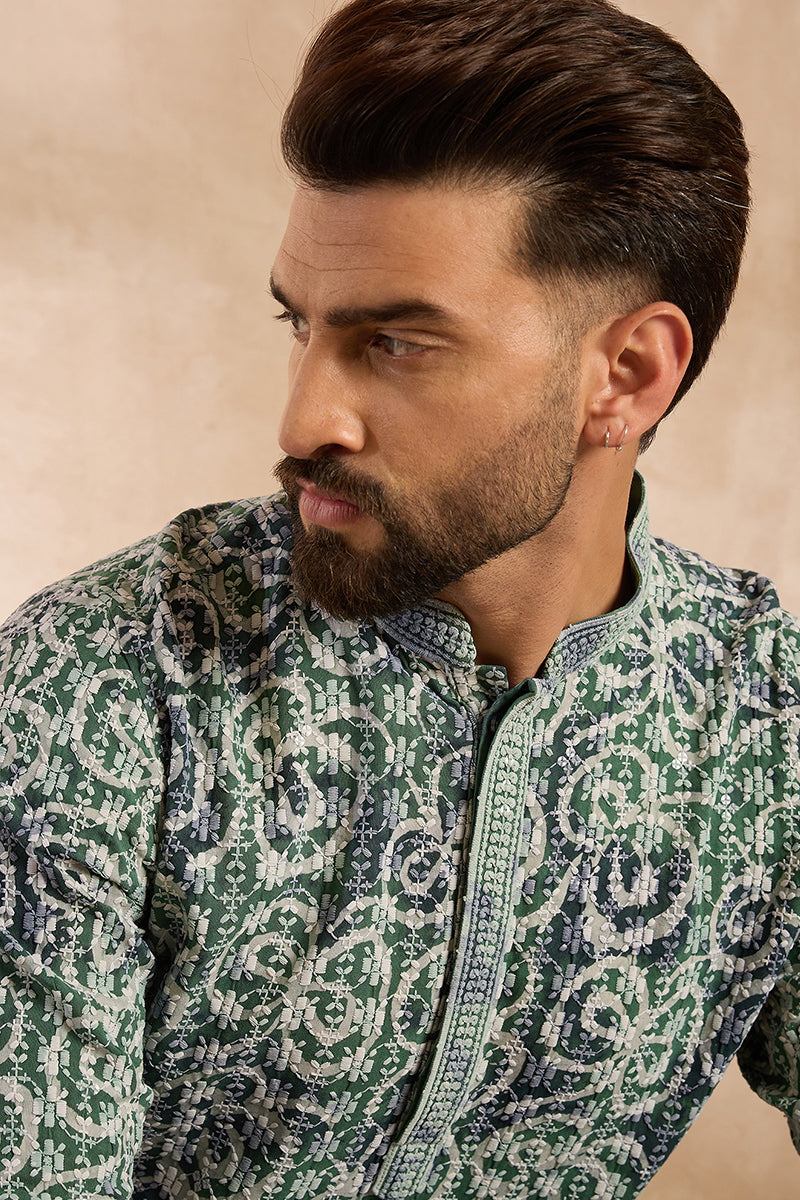 Green Viscose Rayon Batik Embroidered Straight Kurta MKU1718