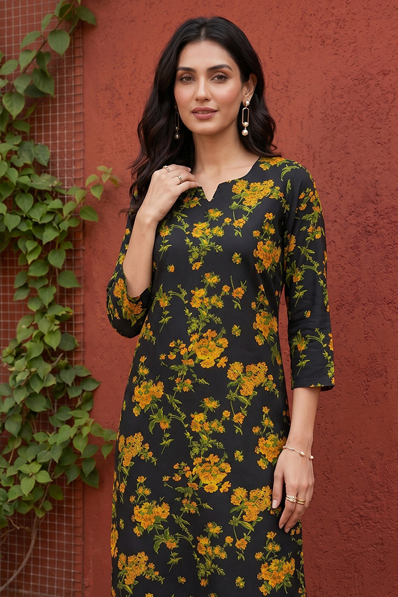 rayon black floral digital printed regular kurta vck9822