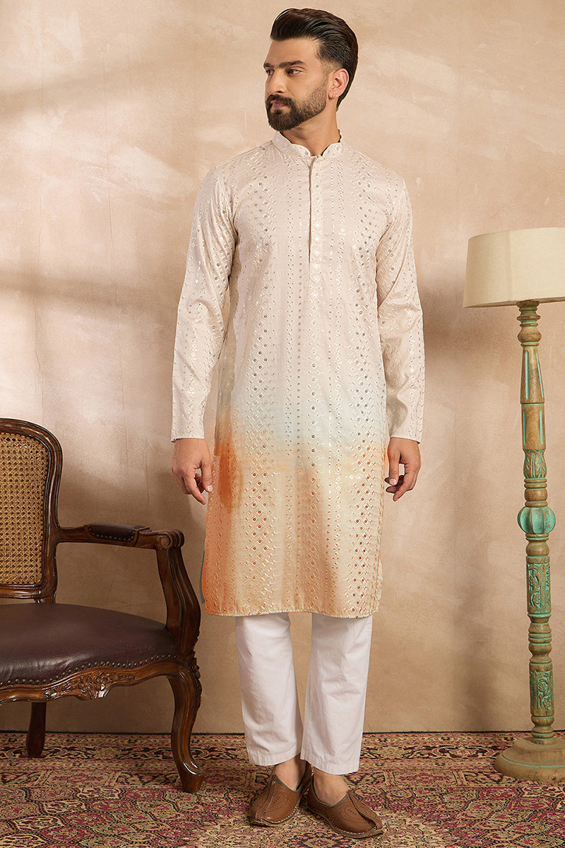 Peach Silk Blend Ombre Embroidered Straight Kurta Sets MKSET1724