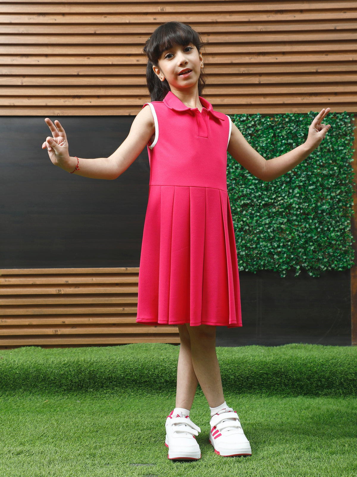 athena fuschia solid pleated dress