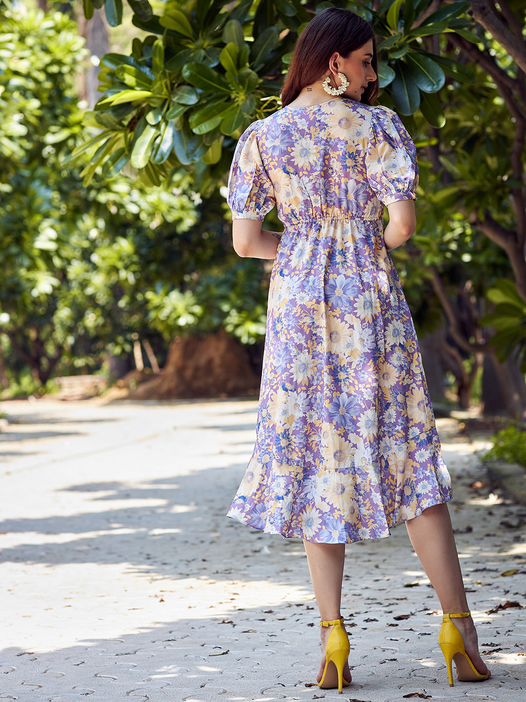 athena lavender yellow floral crepe dress