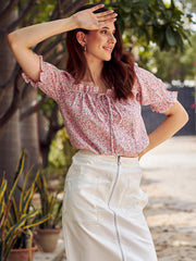 athena women peach coloured floral printed tie up neck top