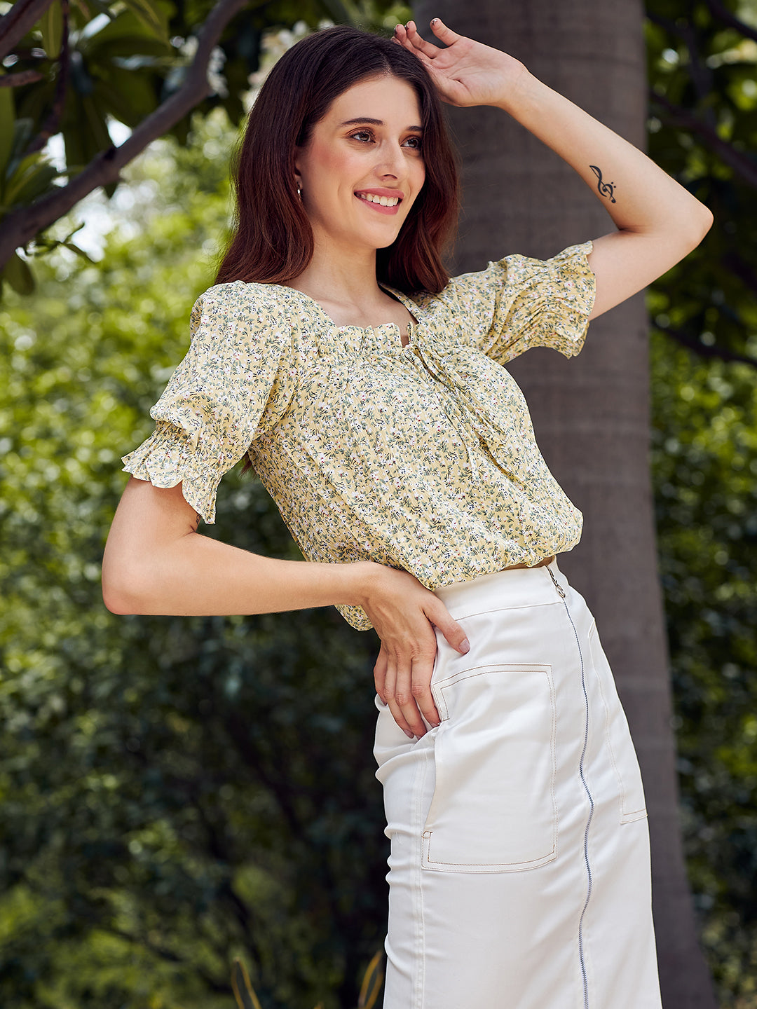 athena women yellow floral print blouson top