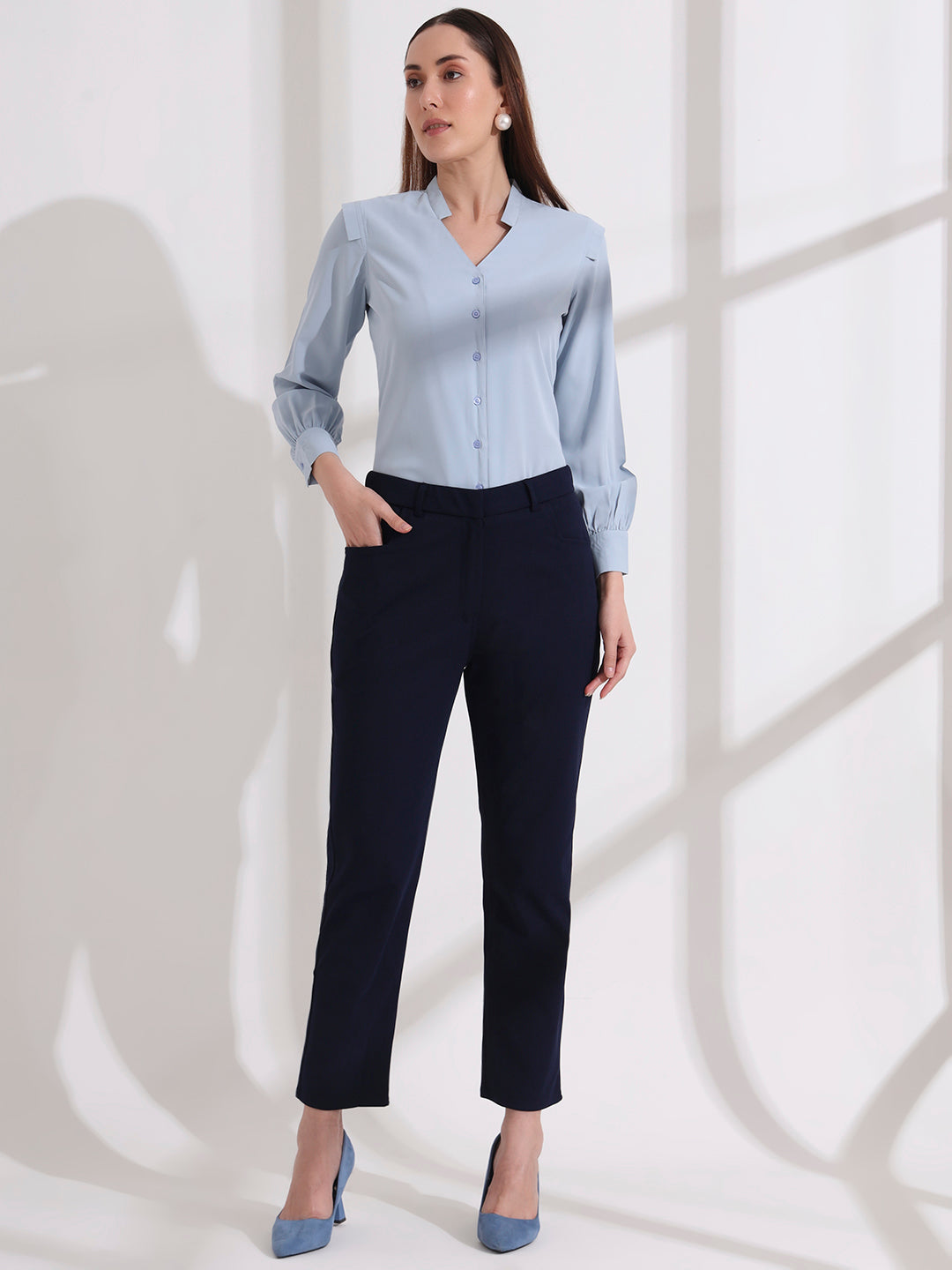 womens stylish mandarin collar solid formal shirt 2