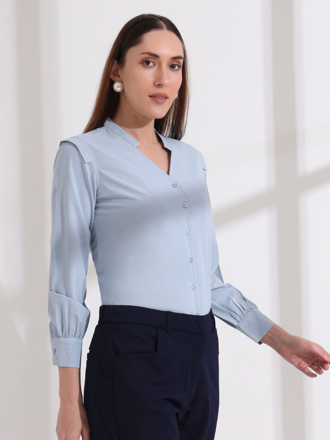 womens stylish mandarin collar solid formal shirt 2