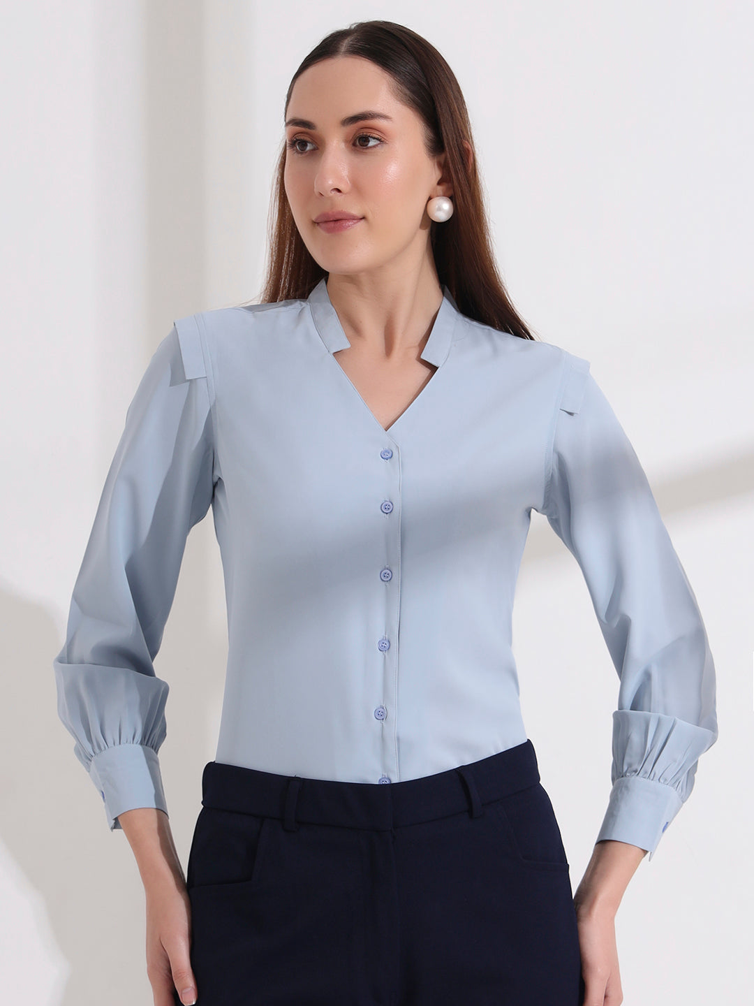 womens stylish mandarin collar solid formal shirt 2