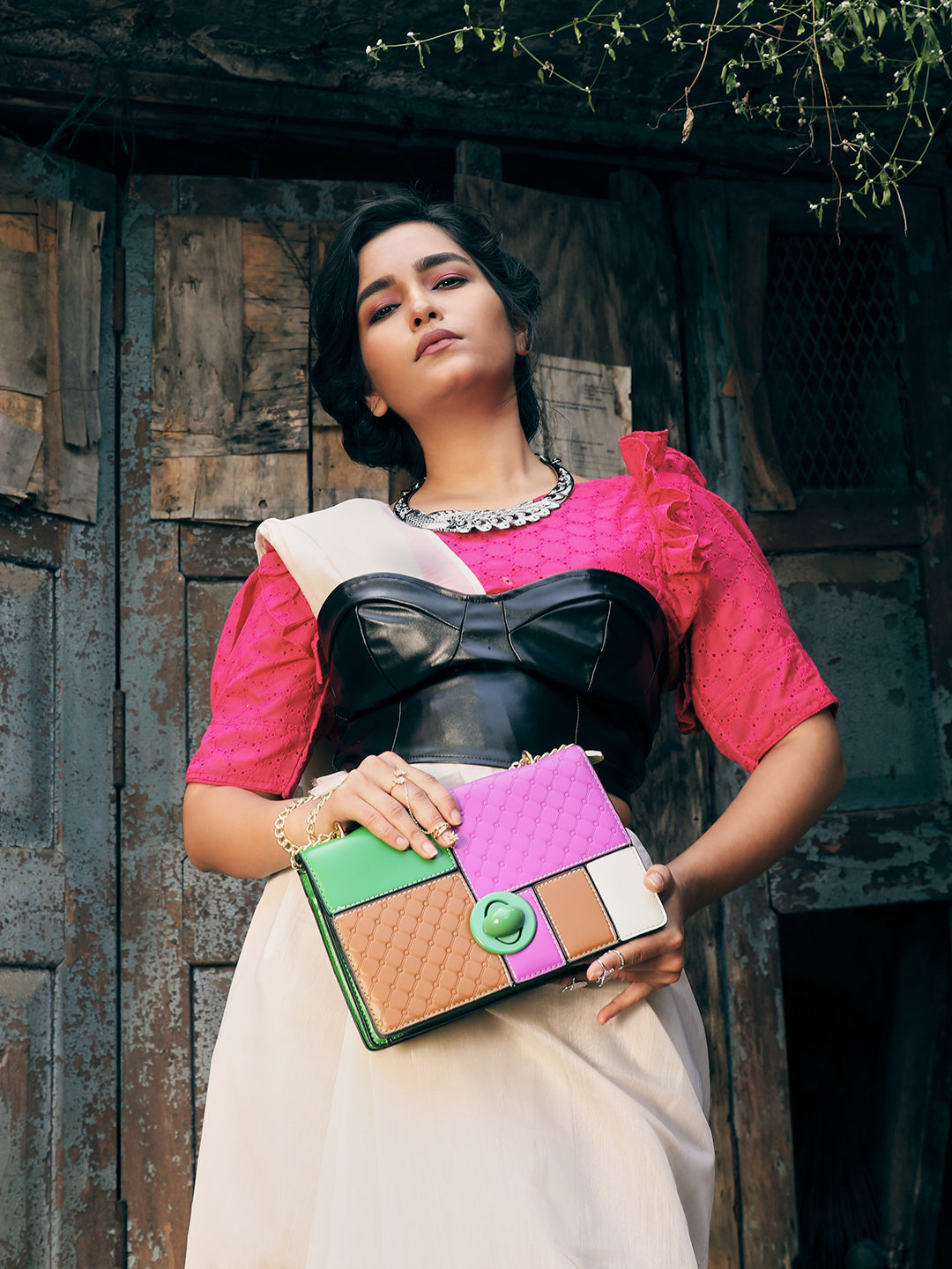 حقيبة كتف بلونين متناقضين - بنفسجي وبني