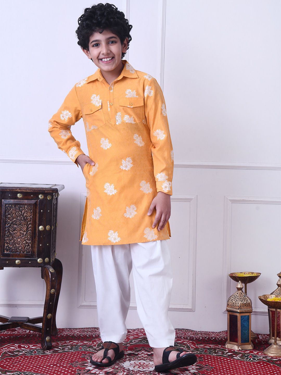 Indi Loom Couture Boys Mustard Yellow Jaquard Kurta with White Salwar Set ILBKS01