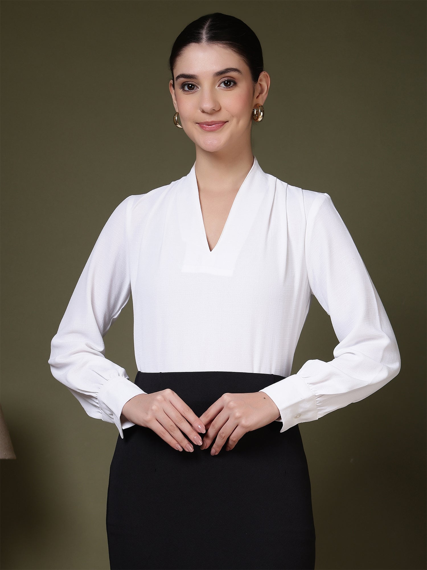 womens v neck long sleeve elegant solid top 1