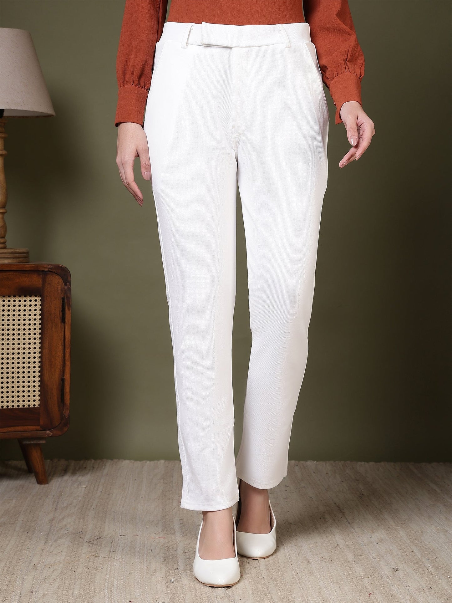 women mid rise wrinkle free plain formal trousers 1