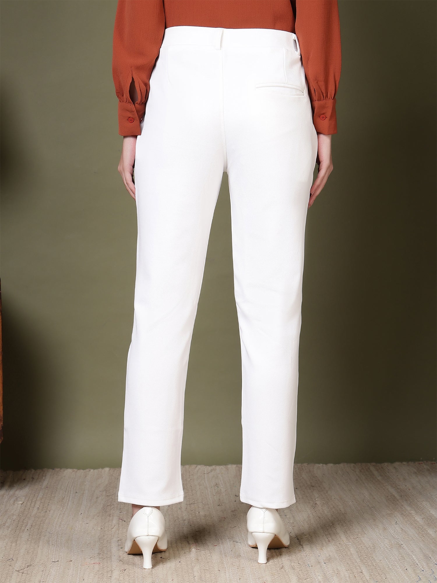 women mid rise wrinkle free plain formal trousers 1