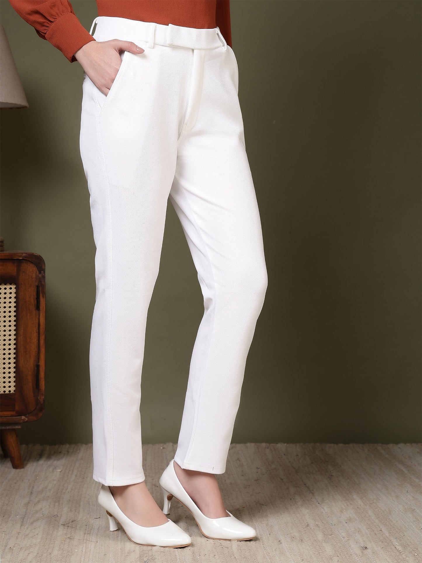 women mid rise wrinkle free plain formal trousers 1