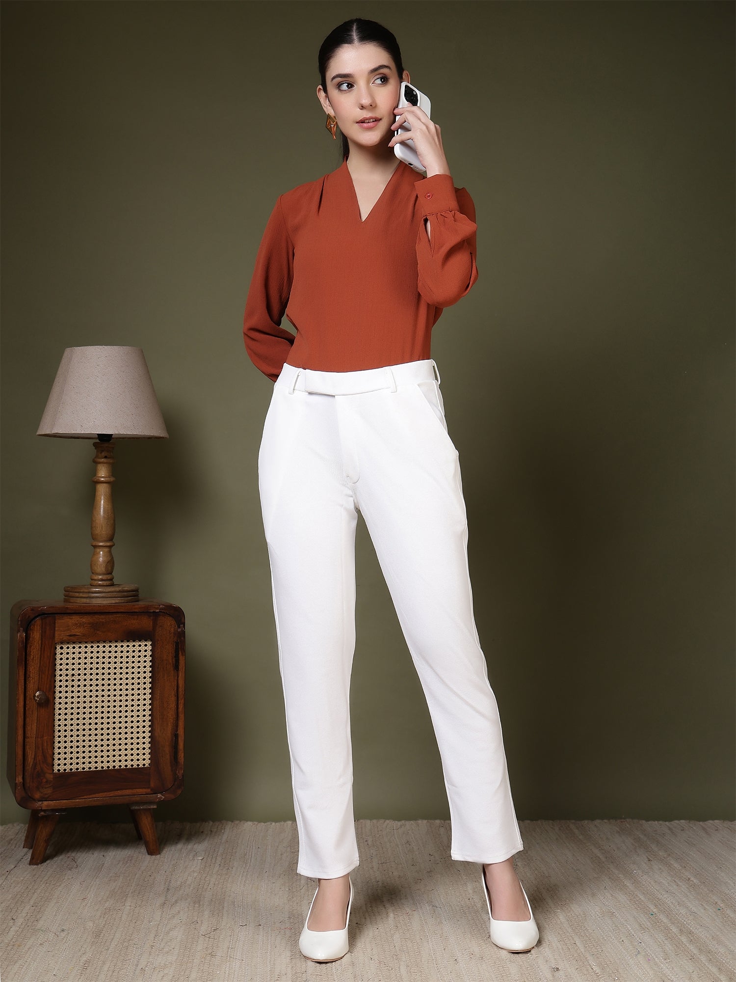 women mid rise wrinkle free plain formal trousers 1