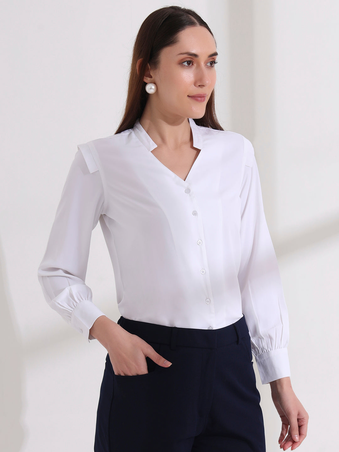 womens stylish mandarin collar solid formal shirt 2