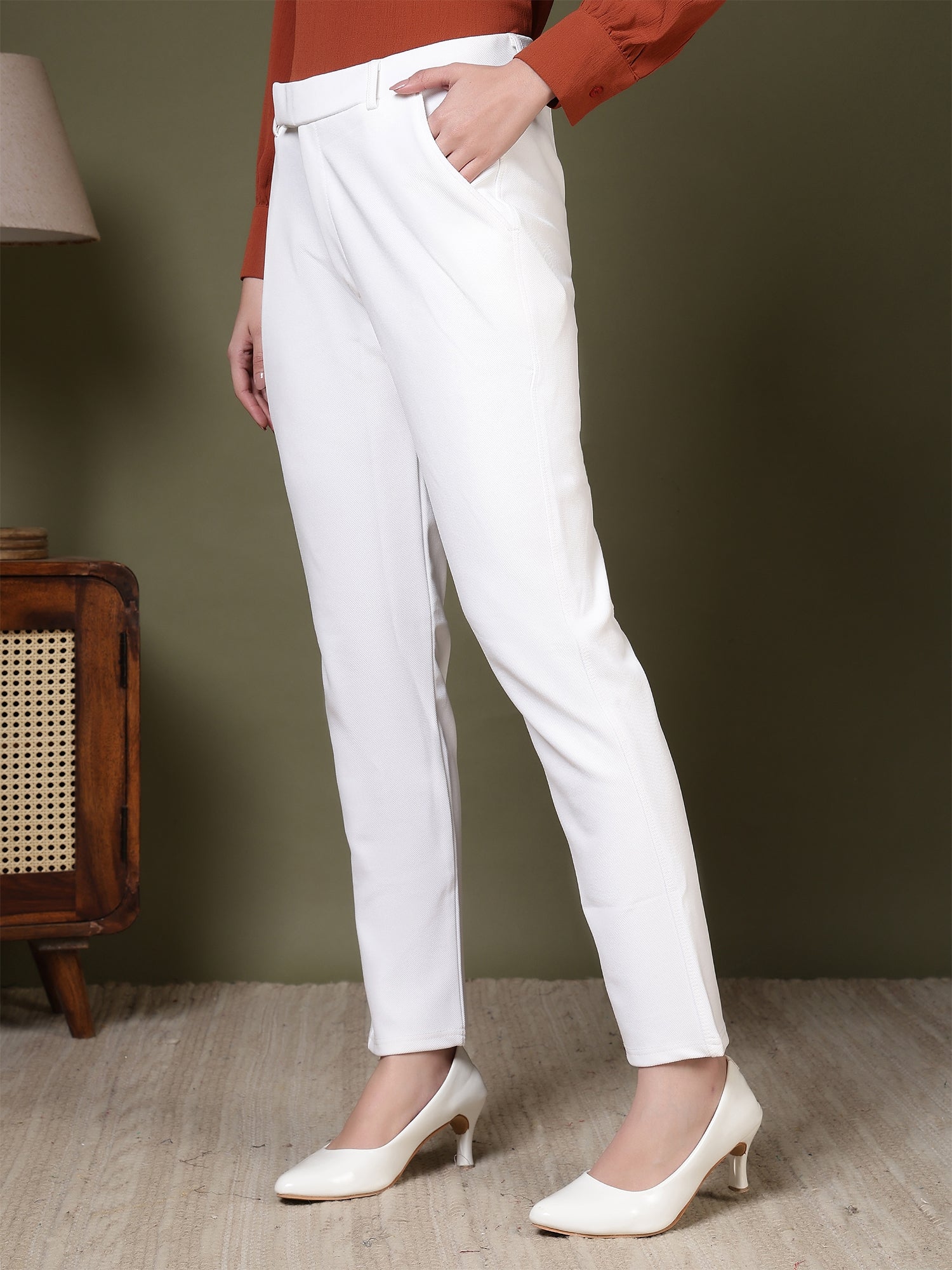 women mid rise wrinkle free plain formal trousers 1