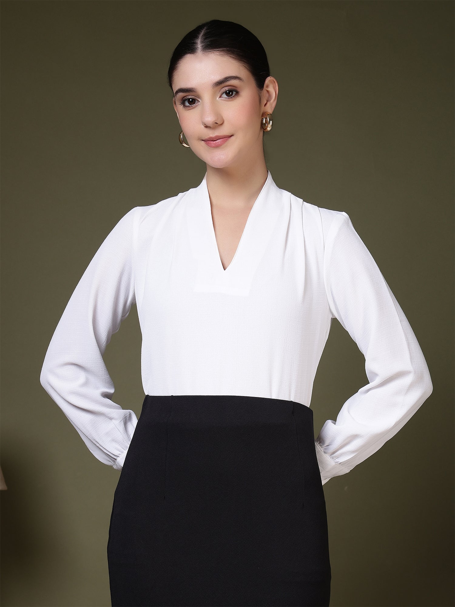 womens v neck long sleeve elegant solid top 1