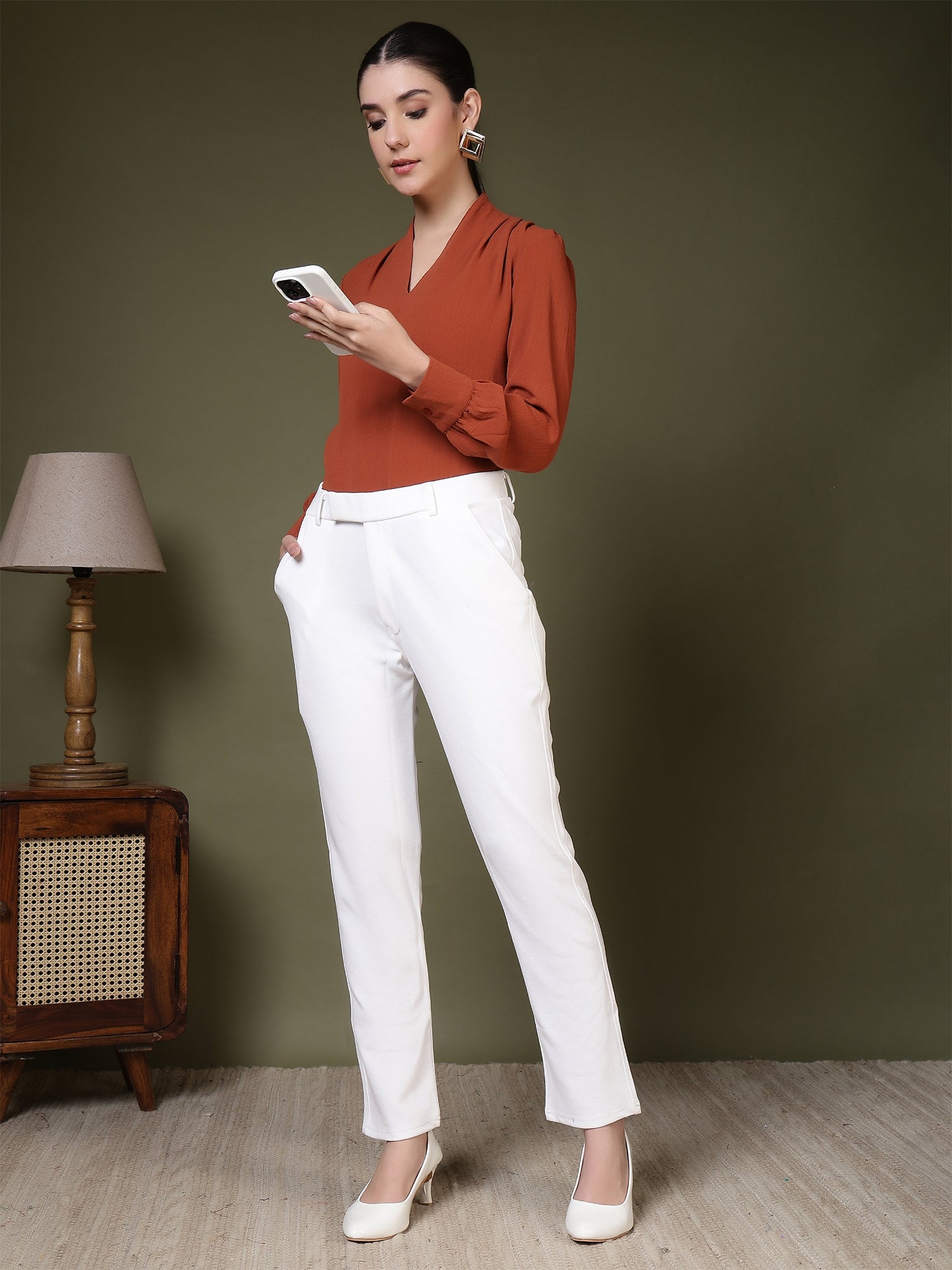 women mid rise wrinkle free plain formal trousers 1