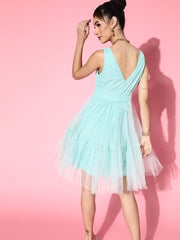 Sea Green V-Neck Tulle Belted Net Dress