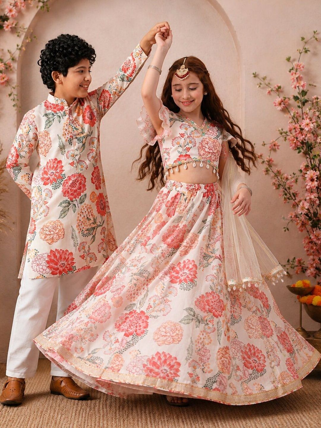 Indi Loom Couture Boys Cream Floral Printed Ethnic Kurta with Pajama Set ILBKS29