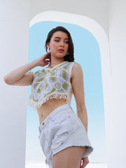 floral print fringed cotton crop top