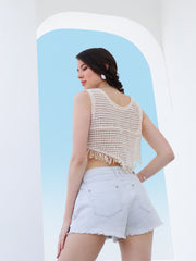 floral print fringed cotton crop top