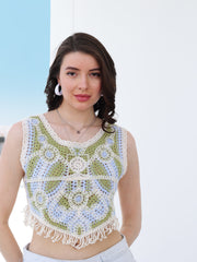 floral print fringed cotton crop top