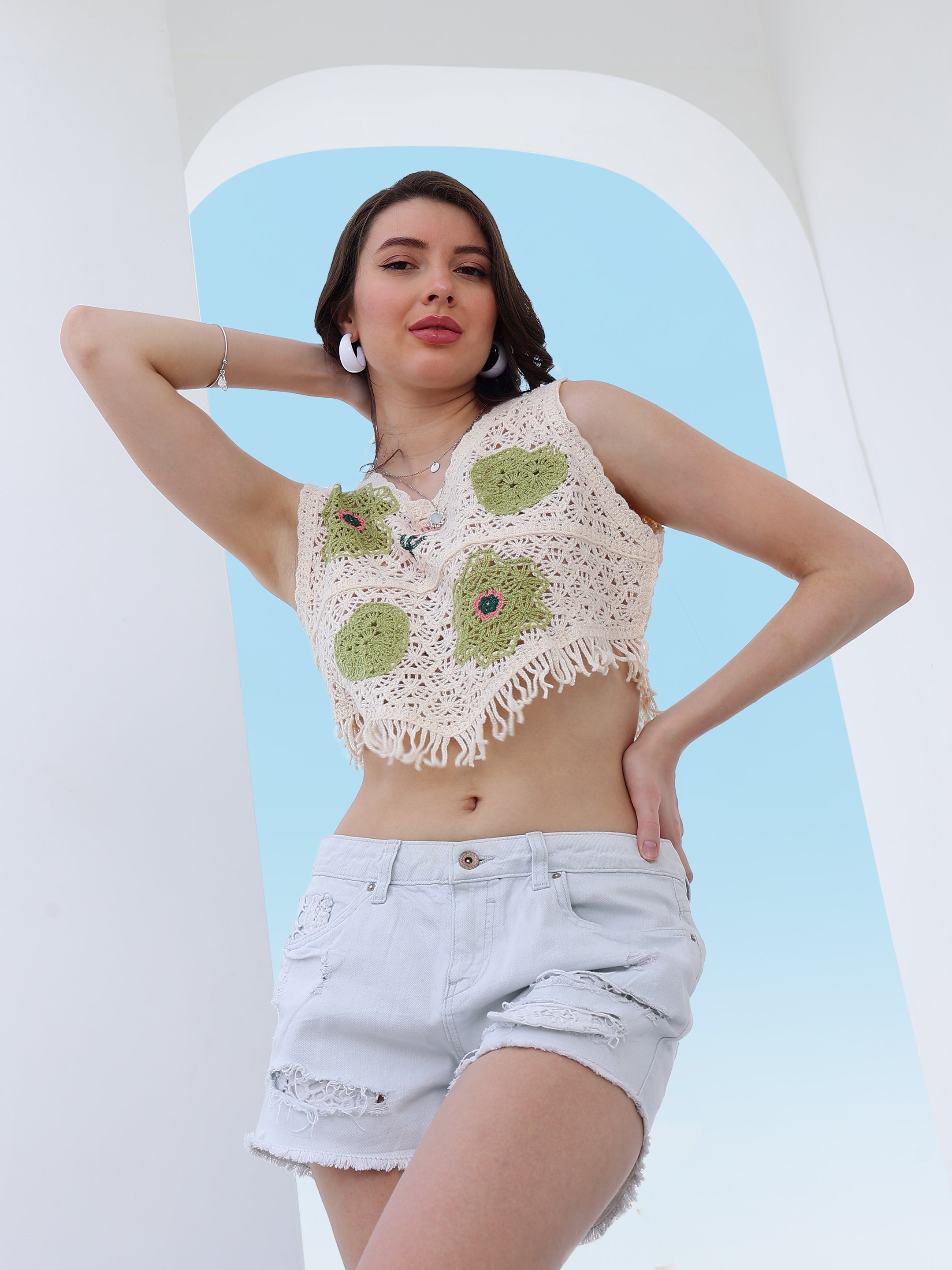 self design fringed crochet cotton top 1