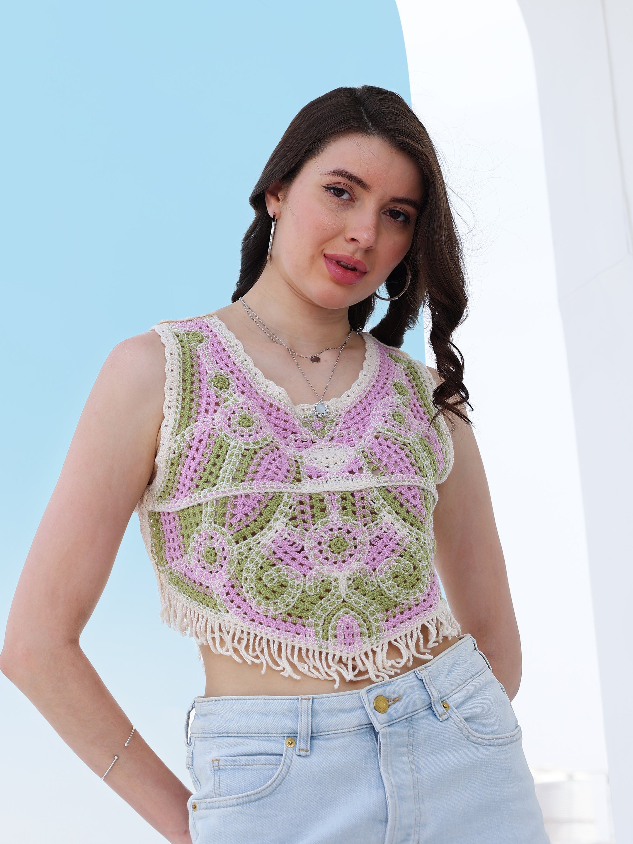 self design fringed crochet cotton top 4
