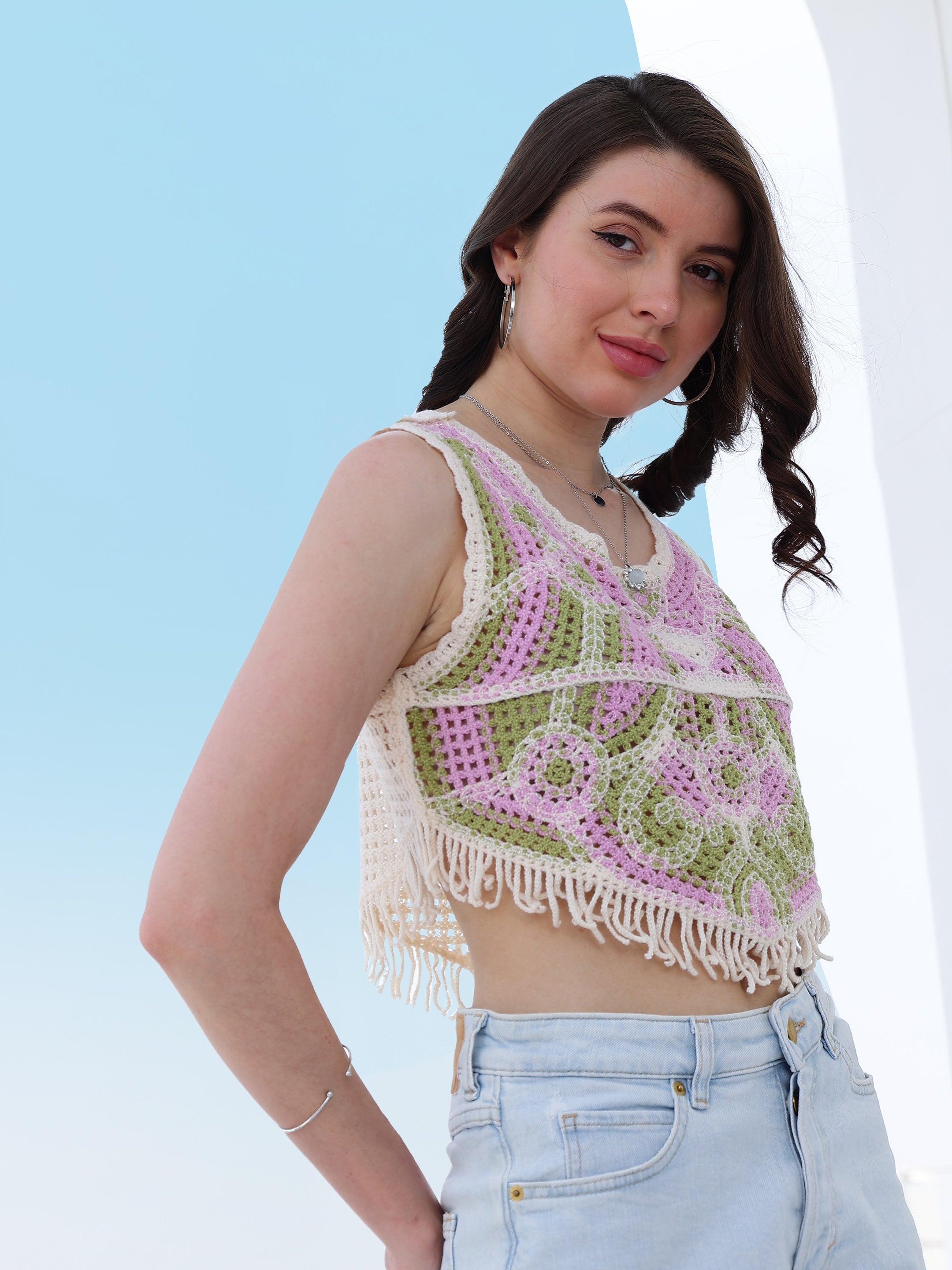 self design fringed crochet cotton top 4