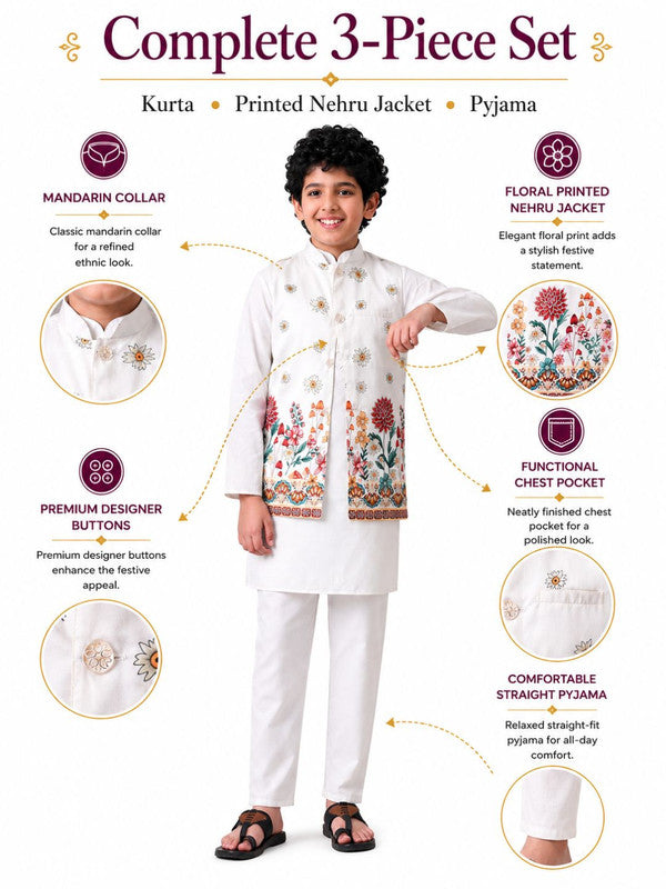 Indi Loom Couture Boys White Kurta Pyjama with Printed Jacket Set ILBKSJ27