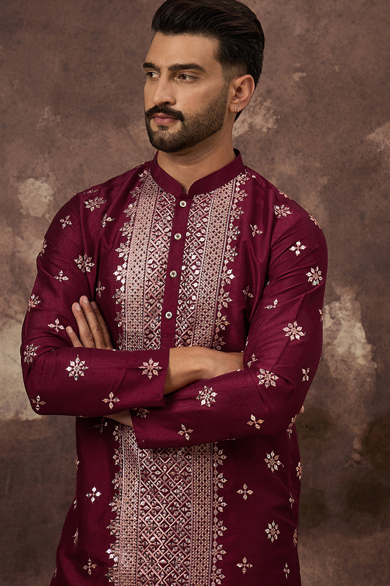 Maroon Silk Blend Solid Embroidered Straight Kurta With Pant Set MKSET1369
