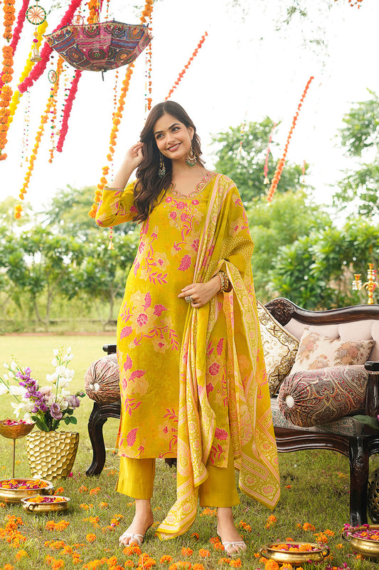 yellow viscose rayon floral embroidered straight kurta trousers with dupatta pkskd3052