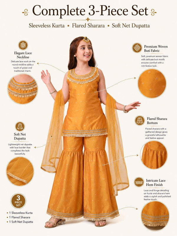 Indi Loom Couture Girls Mustard Embellished Kurta with Sharara & Dupatta Set ILKSD52