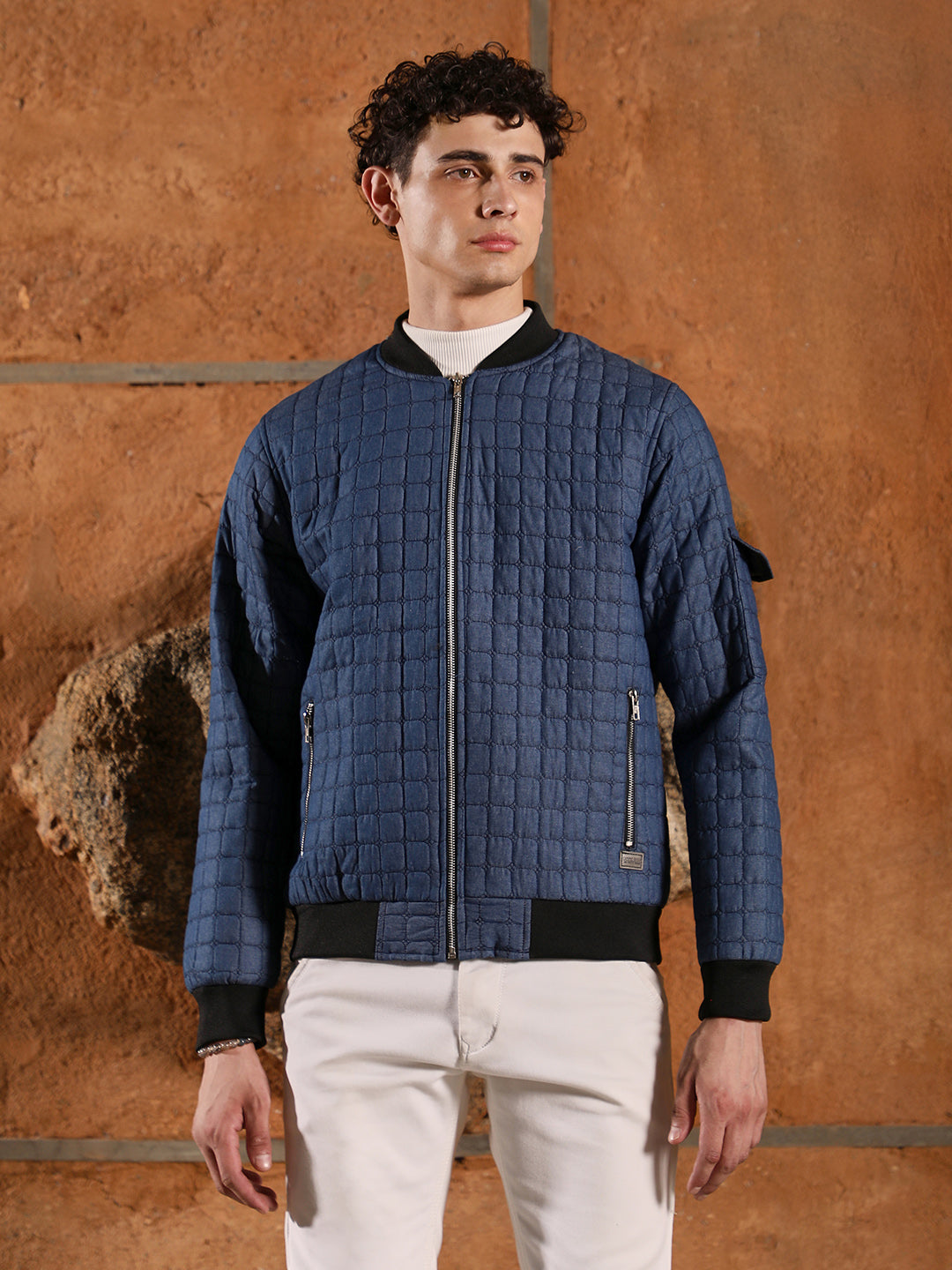Mens Indigo Blue Cubic Quilted Bomber Jacket