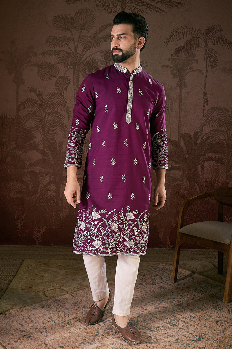 Purple Silk Blend Solid Embroidered Straight Kurta With Trouser MKSET1944