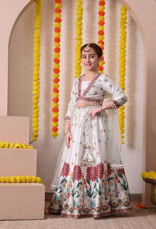Indi Loom Couture Girls Off White Floral Printed Lehenga Choli with Net Dupatta ILLCD38