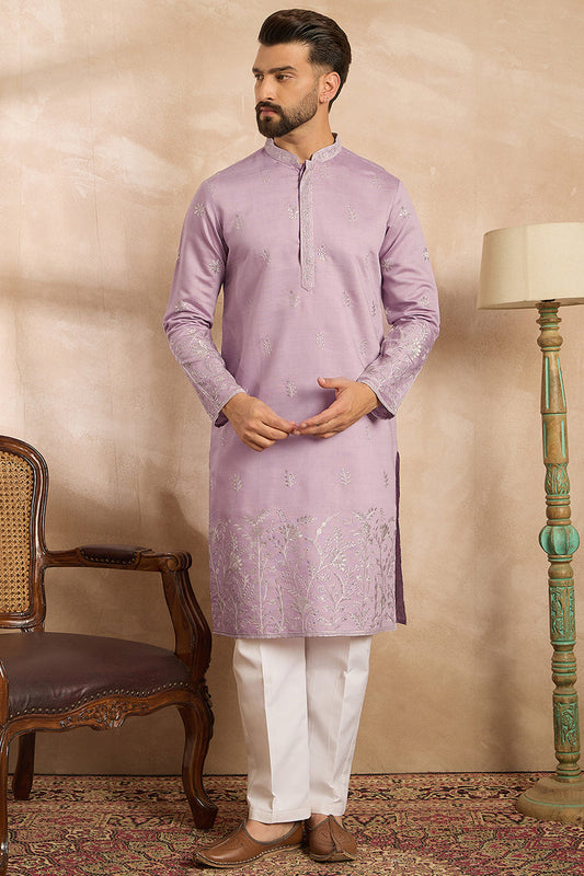Lavender Silk Blend Floral Embroidered Straight Kurta With Trouser MKSET1781