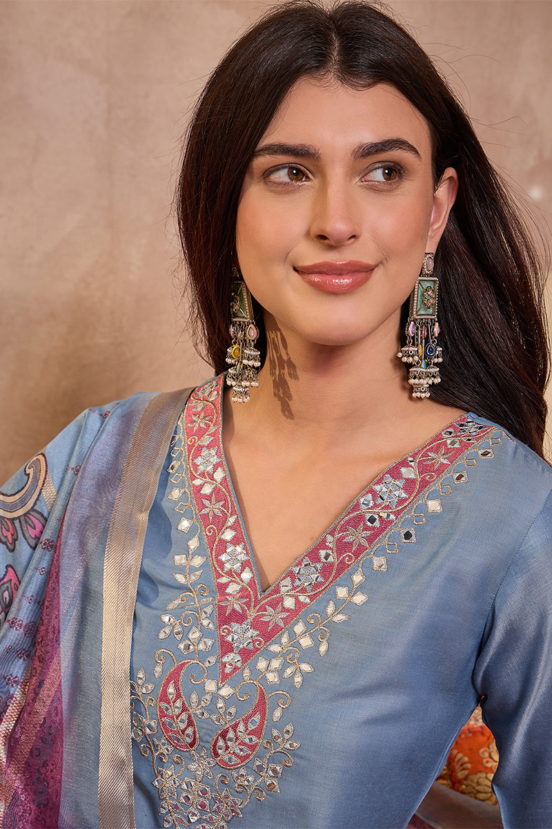 blue rayon blend solid embroidered straight kurta trouser with dupatta pkskd3100