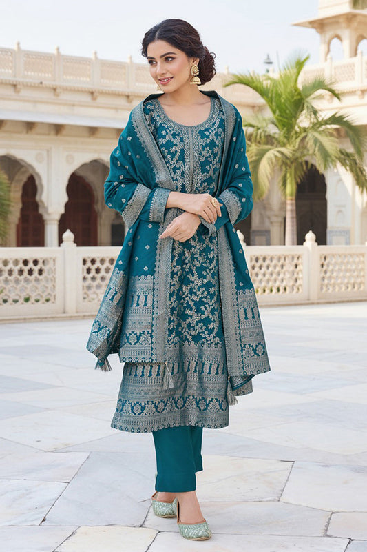 teal blue poly chanderi solid woven design straight trouser suit set
