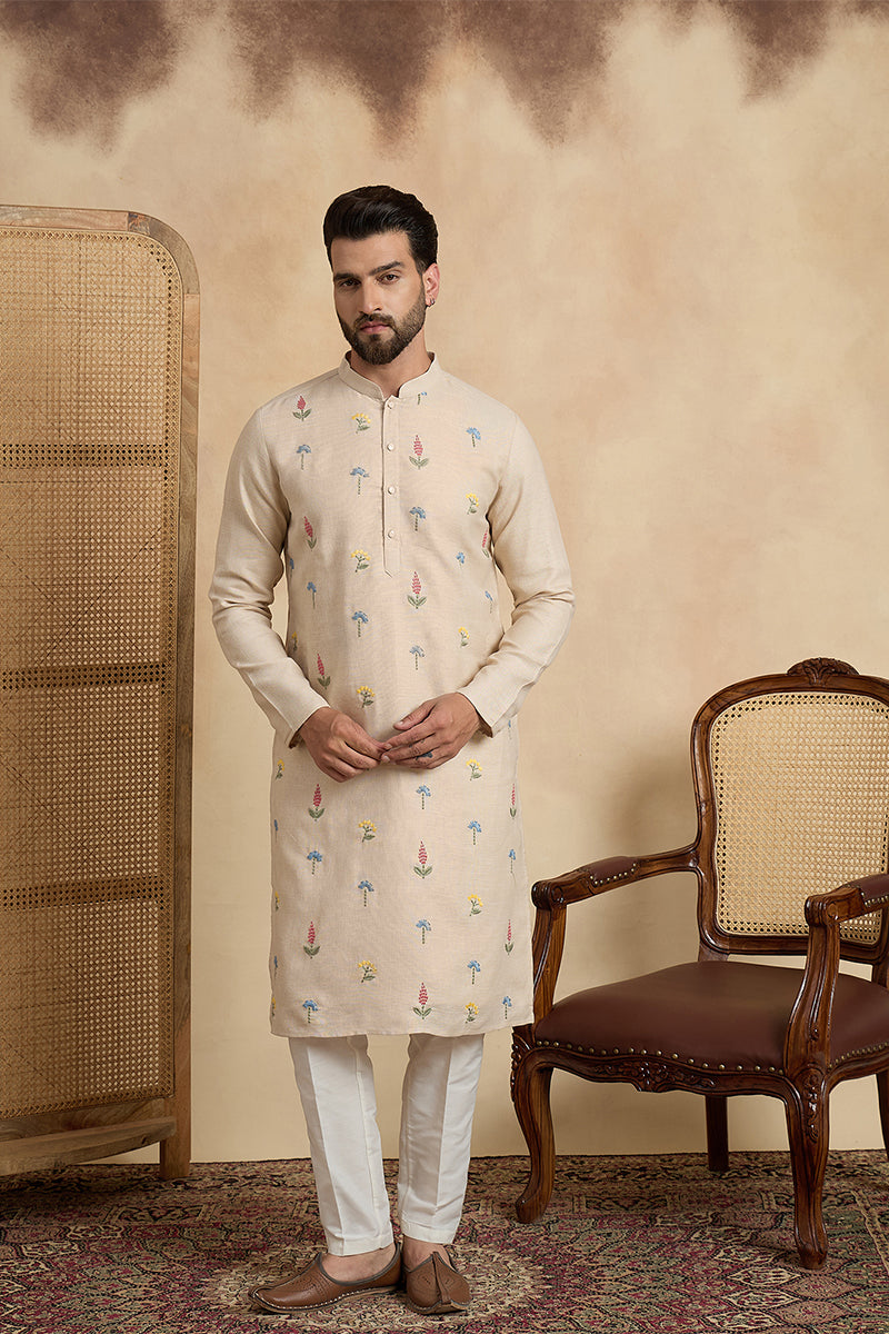Mens Beige Linen Solid Embroidered Thread Work Kurta MKU2462