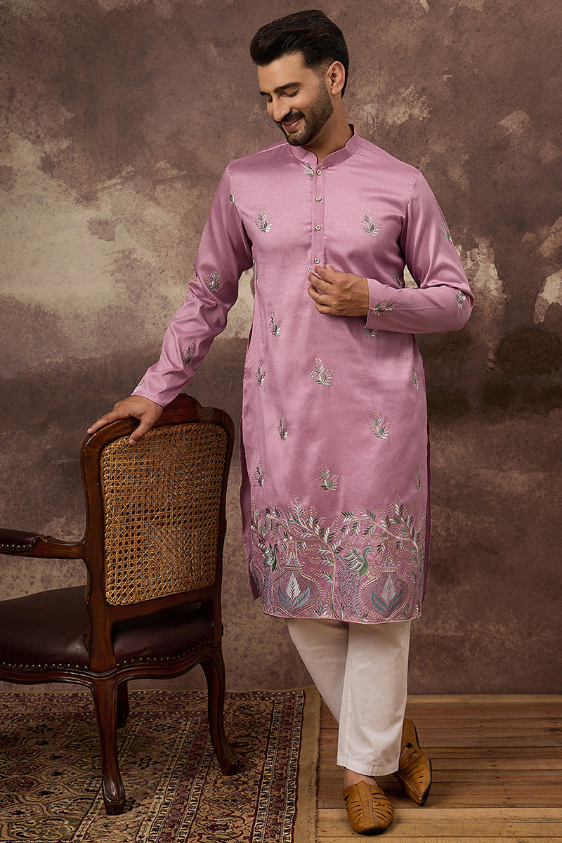 pink silk blend solid embroidered straight kurta with trouser
